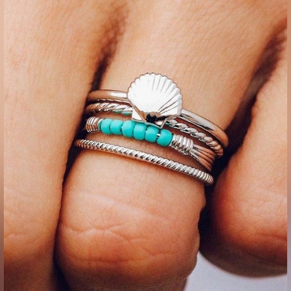 Pura Vida Silver Shell Ring Stack - Brass Base Band, Rhodium Plating - Picture 3 of 7